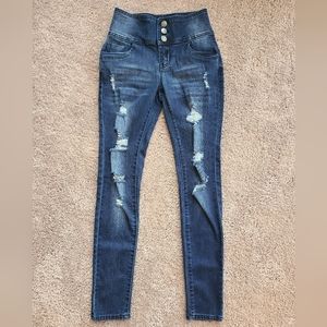 High Waist Stretch Skinny Jeans distressed dark wash Sz 1